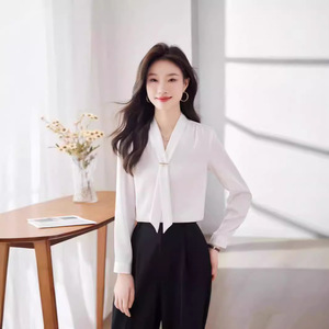 Women's White Chiffon Blouse Solid Color Wrap And Tie Long Sleeve Work Shirt Professional Office Top Autumn Winter - Product Image 1