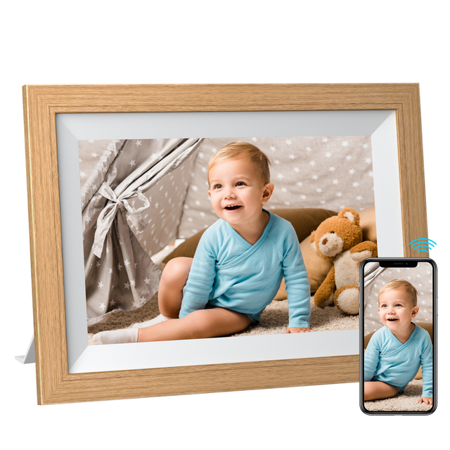Frameo App 10-Inch Wood Frame Digital Photo Frame with Touch Screen 1280x800 IPS WiFi Clock MP3 MP4 Support 1GB+32GB