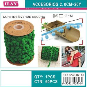 Nastro Iln Pom-Pom da 2,0 cm di larghezza, 20 iarde, verde scuro, decorazione artigianale - Product Image 3