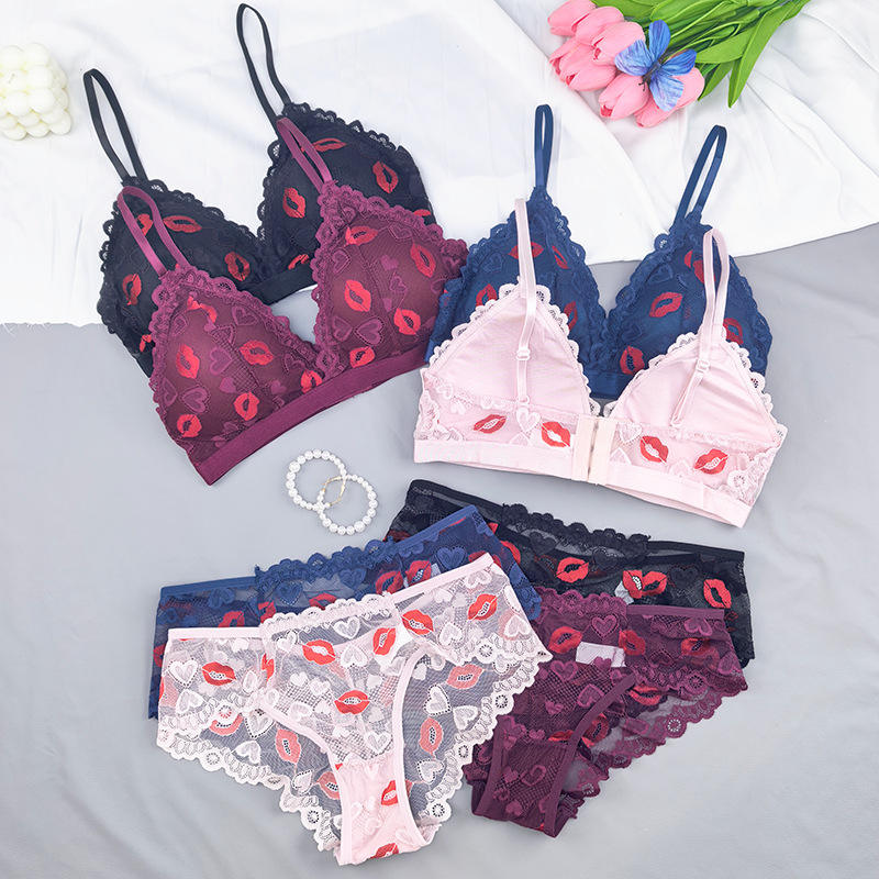 Wholesale Sexy Lip Print Lace Lingerie Set Non-Wired Bralette and Panties Set Multi-Color Fashion Underwear for Women