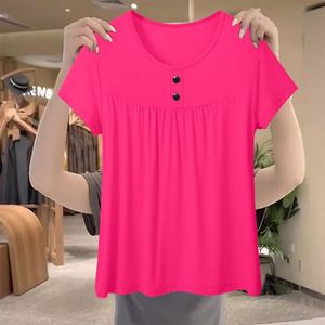 Plus Size Women's Loose Fit T-Shirt Maroon Short Sleeve Button Front Knitted Top Solid Color Summer Wear - Product Image 5