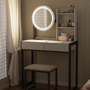 Modern <b>Small</b> Vanity Desk with LED Mirror and 3 Lighting Modes Makeup <b>Table</b> for Living Room & Hotel Use - Product Image 2