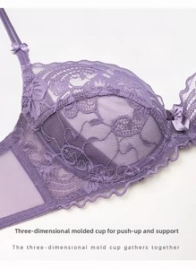 Conjunto de sujetador y bikini de encaje floral ultrafino sexy para mujer, copa 3/4, con aros, tirantes ajustables festoneados, tallas 32-38, 4 colores - Product Image 2