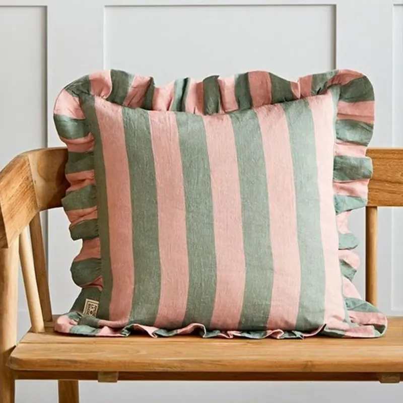 100% Linen ruffled pillowcase Sand Washed French Linen Square Highchair Luxury cushion cover stripe ruffle