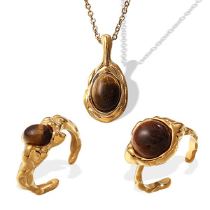 <b>Tiger's</b> <b>Eye</b> <b>Ring</b> And Necklace Set Natural Stone Bezel Setting Women's Party Jewelry Fashion Accessories Zinc Alloy - Product Image 5