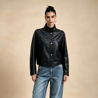 Veste en cuir pour femme en peau de chèvre grainée, design unique à col montant, coupe décontractée, pour le quotidien, la rue et les voyages