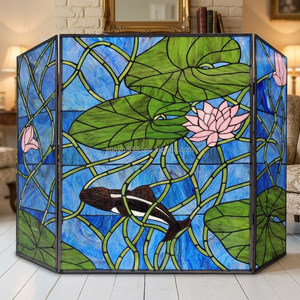 Cathedral Stained Glass Fireplace <b>Screen</b> 3 Panels Pond Lily Design Traditional Decor Rectangle Shape Artistic Decoration - Product Image 1