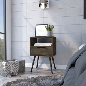 Otom Nightstand Dark Walnut One <b>Drawer</b> Open Shelf Four Legs <b>Storage</b> <b>Drawer</b> Bedroom Furniture - Product Image 1