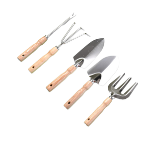 Ensemble de 5 outils de jardinage manuels robustes en acier inoxydable avec manche en bois, comprenant une truelle, un râteau et un désherbeur, pour la récolte à la maison et au jardin - Product Image 2
