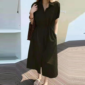 تخفيضات هائلة فستان كتاني سادة كوري للسيدات قطعة واحدة بفتحة رقبة بولو قصير الأكمام قطن طويل تيشيرت ميدي فساتين نسائية - Product Image 4