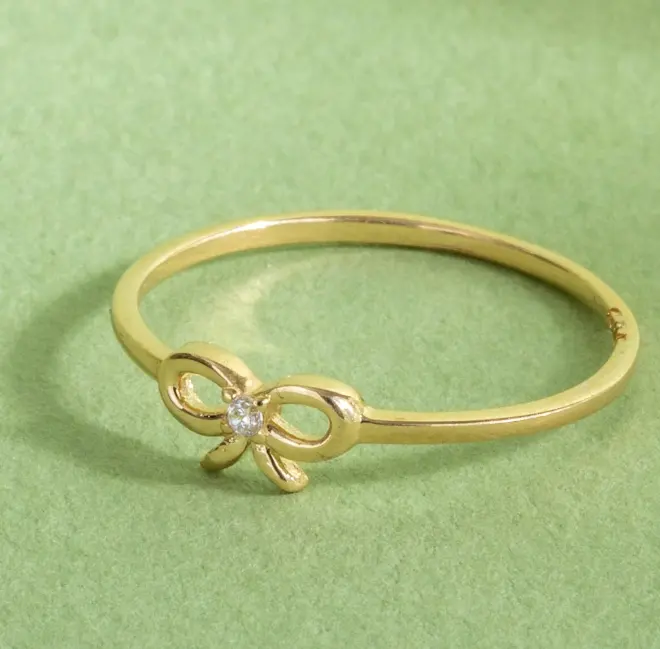 Anel de ouro maciço CZ com laço de fita elegante, mini anel delicado de pedra CZ, joia delicada para uso diário, anel de amizade para mulheres