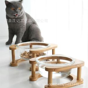 Comedero doble de madera para gatos con base antideslizante para platos de comida y agua, diseño simple. - Product Image 5
