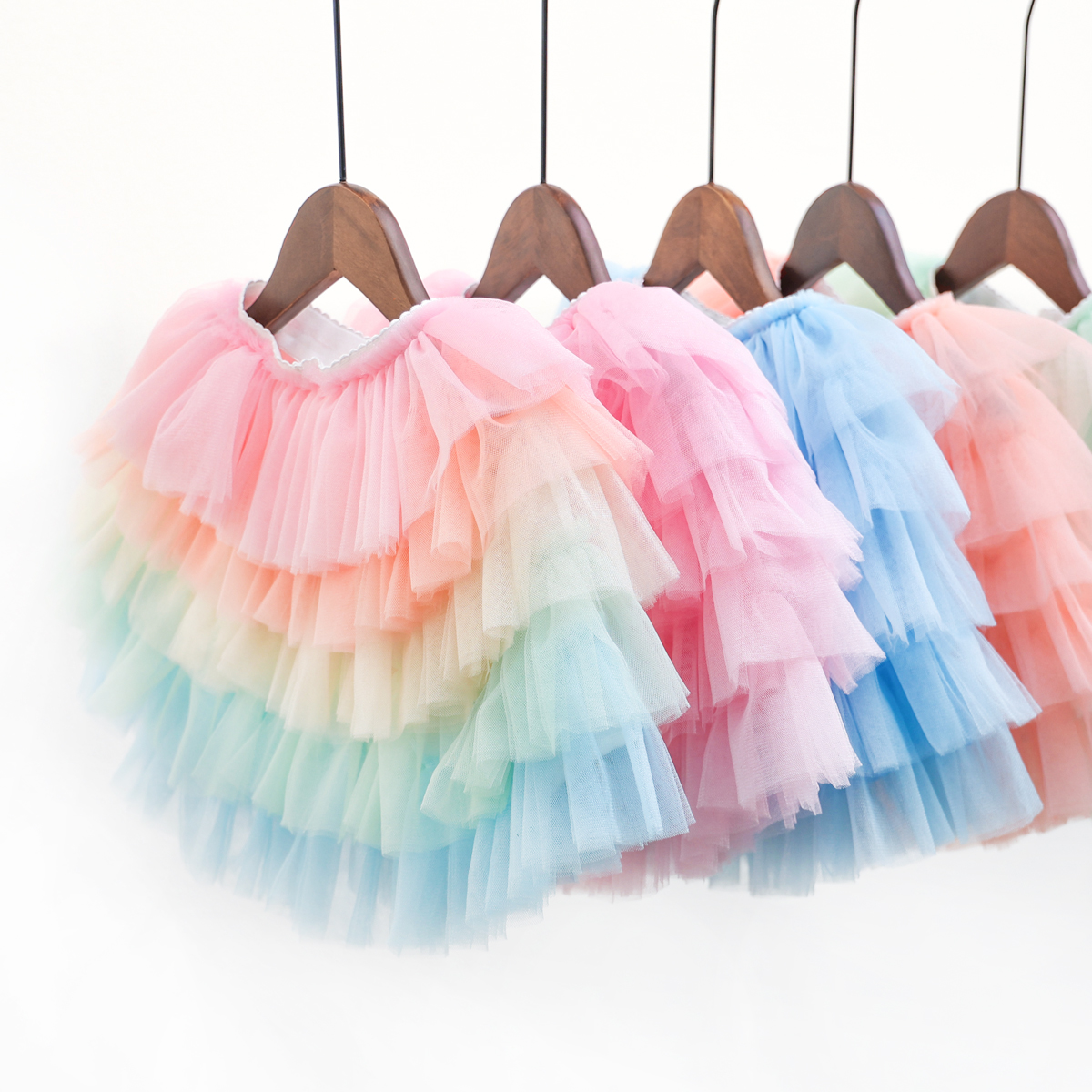 Rainbow Tutu Pleated Skirts for Girls Kids Ruffles Tulle Kids Rainbow Tutu Skirt Lining Cotton Wholesale Toddler Girl Tutu Skirt