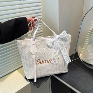 Bolso Tote Casual de Moda para Mujer, Color Sólido, Diseño Tejido Estampado, Decoración con Cinta de Seda, Ligero, con Cierre, Gran Capacidad para Uso Diario - Product Image 2