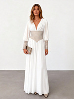 Robe longue décontractée en polyester, style européen et américain, pour le commerce extérieur, avec col en V, manches longues, strass et résille transparente, collection 2026