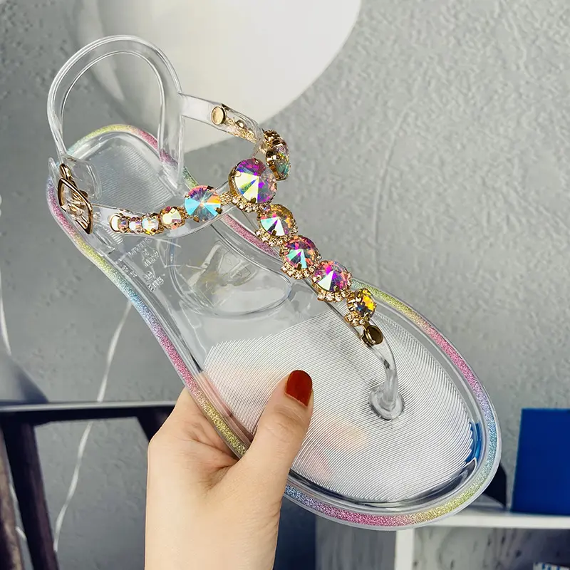 2022 New Luxury Ladies Flat Outdoor Buckle sandali di cristallo Clip-feet fiori strass moda sandali scarpe da donna