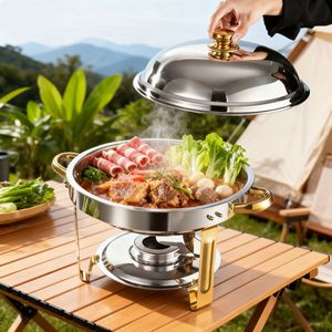 Ensemble <span class=keywords><strong>de</strong></span> réchauds alimentaires en acier inoxydable avec chauffage à l'alcool et couvercle en verre transparent pour buffet, hôtel, mariage, fête - Product Image 1