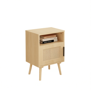 Mesita de Noche de Ratán con Puerta y Estante Abierto, Patas de Madera Maciza, Mueble Moderno para Dormitorio, Diseño de Mediados de Siglo, Mesa Auxiliar para Espacios Pequeños - Product Image 1