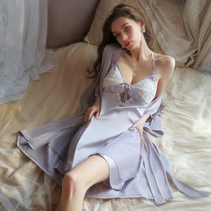 Baju tidur chemise, gaun tidur dengan kerah V dalam, piyama satin, gaun tidur satin dengan set jubah, lingerie gaun tidur satin - Product Image 3