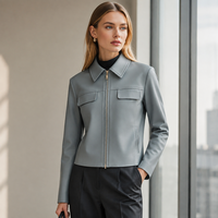 Veste courte en cuir d'agneau à col pointu et fermeture éclair pour femme, manteau en cuir véritable avec poche à rabat