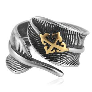 Men's <b>Titanium</b> Steel Feather <b>Ring</b> Two-tone Punk Style Stainless Steel Jewelry Gift 240203 - Product Image 1