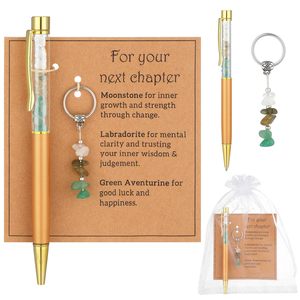 Set de <span class=keywords><strong>Regalo</strong></span> de Bolígrafo y Llavero Hechos a Mano con Piedras Naturales Trituradas: Piedra Lunar, Labradorita, Aventurina Verde, Cristal, Oro/Plata - Product Image 1