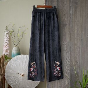 White And Black Embroidered Wide Leg Pants <b>Elastic</b> Waist Women's Casual Loose Cotton Linen Straight Leg Breathable Summer Pants - Product Image 4