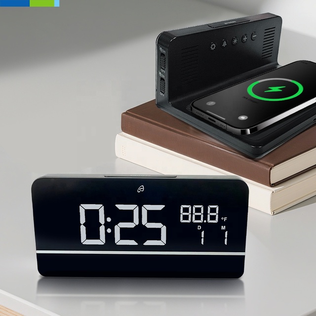 10W  Wireless Charging Smart Table Clock LCD Alarm Temperature Humidity Monitoring Living Room Indoor Use