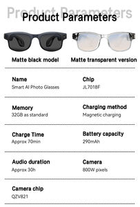 Lunettes intelligentes G2 Translator 8MP avec enregistrement vidéo, appels Bluetooth, musique, multi-langues, technologie IA, unisexe, avec caméra - Product Image 6