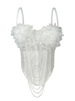 Haut corset 3D floral perlé en satin à fines bretelles, avec baleines, effet sculptant, franges florales en tulle et chaîne, pour soirée, clubwear sexy