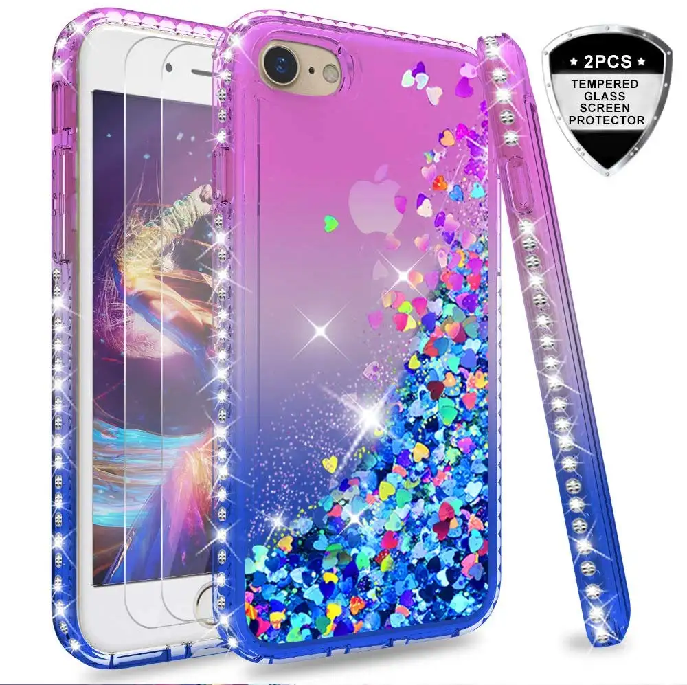 LeYi For iPhone 7/iPhone 8 Case with Tempered Glass Screen Protector[2 pack], Girls 3D Glitter Liquid Bling TPU Cell Phone Case