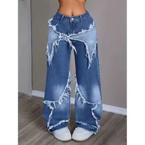 Jean cargo baggy en denim délavé à l'acide pour femme, style vintage, avec patchs étoiles et déchirures, collection Hot Sale - Product Image 4