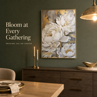 Peinture murale sur toile de pivoine florale en or blanc opulent, idéale pour l'entrée, le salon ou la décoration d'hôtel de luxe