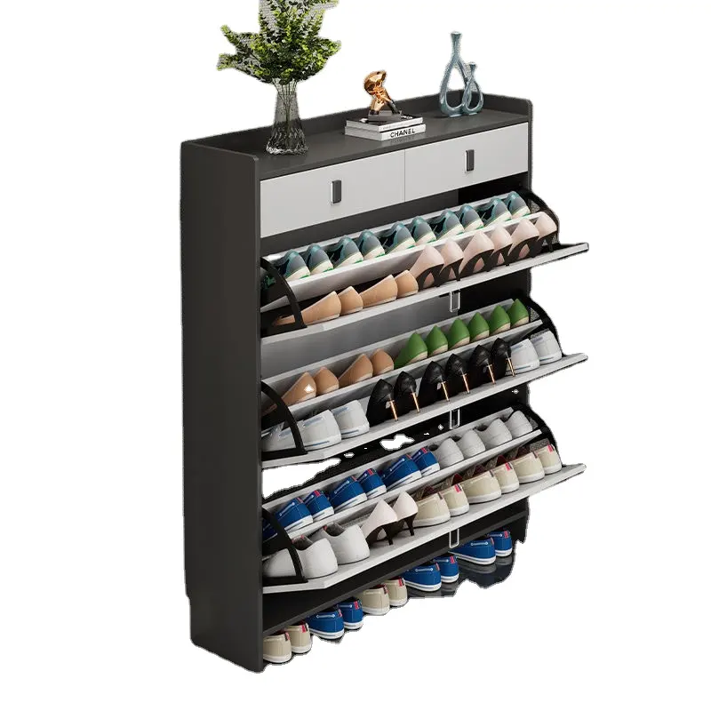 wooden thin foldable ozone deodorizing storage hidden shoe cabinet hinge door shoe drawer wood shoe rack