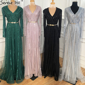 S0462N nuovo stile retrò Chiffon <span class=keywords><strong>verde</strong></span> a <span class=keywords><strong>maniche</strong></span> <span class=keywords><strong>lunghe</strong></span> con scollo a V aderente in rilievo adatto per abito da sera banchetto annuale - Product Image 6