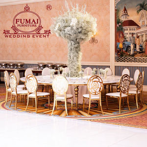 Chaise d'hôtel en acier inoxydable doré à dossier rose pour événements, vente en gros - Product Image 1