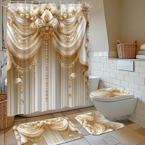 Juego de Cortinas de <span class=keywords><strong>Ducha</strong></span> Modernas de Poliéster Impermeable de Lujo, 72x72 Pulgadas, Diseño Floral Elegante, Incluye Alfombra de Baño en Forma de U y Tapete para Inodoro - Product Image 2