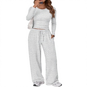 סט בגדי נשים קז'ואל בצבע אחיד, 2 חלקים, חולצה עם שרוולים ארוכים ומכנסיים רחבים עם שרוך, גזרה רחבה, בד ריון ספנדקס, מידה XL - Product Image 1