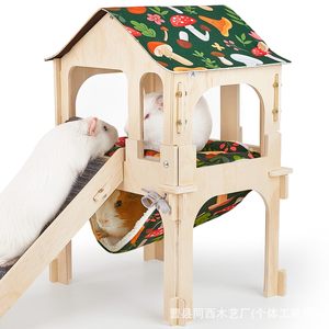 Wooden Guinea Pig Playhouse With <b>Slide</b> Hammock Climbing House For <b>Small</b> Pets Indoor Multifunctional Pet Furniture - Product Image 1
