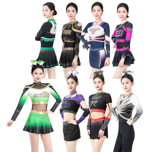 Uniformes de pom-pom girl personnalisés pour femmes rose violet <span class=keywords><strong>bleu</strong></span> rouge et noir Costumes de pom-pom girl avec strass - Product Image 1