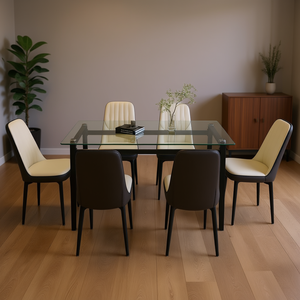 Ensemble de table à manger rectangulaire moderne pour 6 personnes, 51 pouces, verre trempé, pieds en métal noir, chaise rembourrée en PU, modèle D0100XUI2UY - Product Image 2