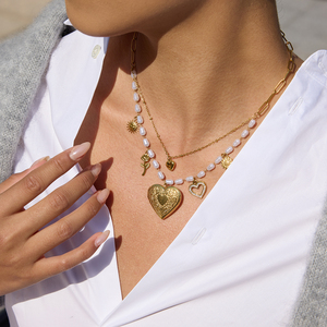 Collier à breloques J&D Sentimental pour femme, plaqué or 18 carats, en acier inoxydable, <span class=keywords><strong>avec</strong></span> médaillon photo, perles coquillages et pendentifs célestes - Product Image 5