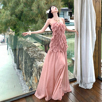 Robe longue rose à volants multicouches sans bretelles, style bohème vintage, mignonne, sexy, unie, taille ample, printemps, automne, été