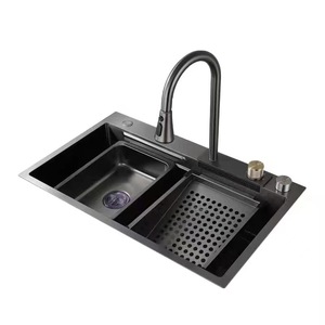 Évier <span class=keywords><strong>de</strong></span> cuisine moderne en acier inoxydable noir fin avec <span class=keywords><strong>robinet</strong></span> cascade et fonction jet d'eau pour lavage <span class=keywords><strong>de</strong></span> légumes - Product Image 1