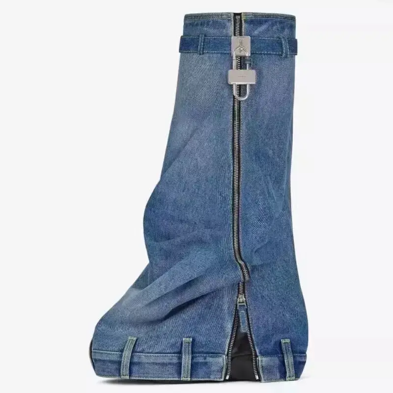 Platform Botas Alto Height Increasing Zipper Lock Decorated Cut Pants Jeans Denim Boots for Woman