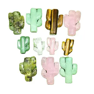 7-10cm Hand Carved Natural Cactus Rose Quartz Green Aventurine Crystal Cactus Carvings Nicely Detailed for Collection and Gift