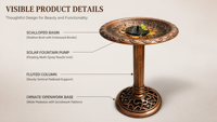 Fontaine à eau pour oiseaux écologique et durable à énergie solaire, bol sur piédestal en bronze antique, mangeoire pour oiseaux sauvages autoportante, pompe extérieure