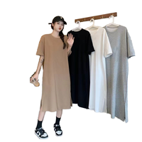 Nouvelle Robe T-shirt Décontractée Grande Taille d'Été, Longue, à Fente, Manches Courtes, Cache-ventre, Ample, Amincissante, Unie, Teinte Numérique, pour le Quotidien