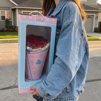 Boîte cadeau en papier rose personnalisée pour la Saint-Valentin avec poignée et fenêtre transparente, boîte d'emballage pour bouquet de fleurs