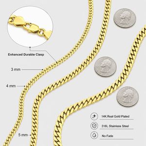 สร้อยคอแฟชั่นสไตล์ไมอามีคิวบันลิงค์ สแตนเลสชุบทอง 14k ขนาด 3 มม. 4 มม. 5 มม. 6 มม. 8 มม. พร้อมตัวล็อกแบบก้ามปู สำหรับทุกเพศ เหมาะสำหรับงานปาร์ตี้ ขายส่ง - Product Image 3